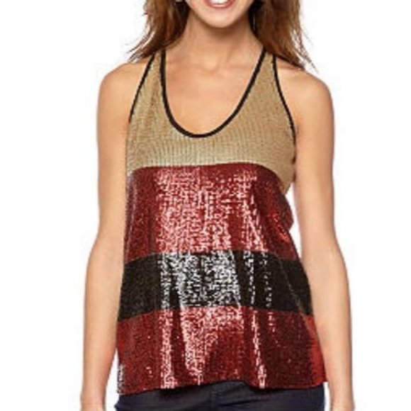 DKNY JEANS Gold Red Black COLORBLOCK Sequin TOP Racerback S - Picture 1 of 1